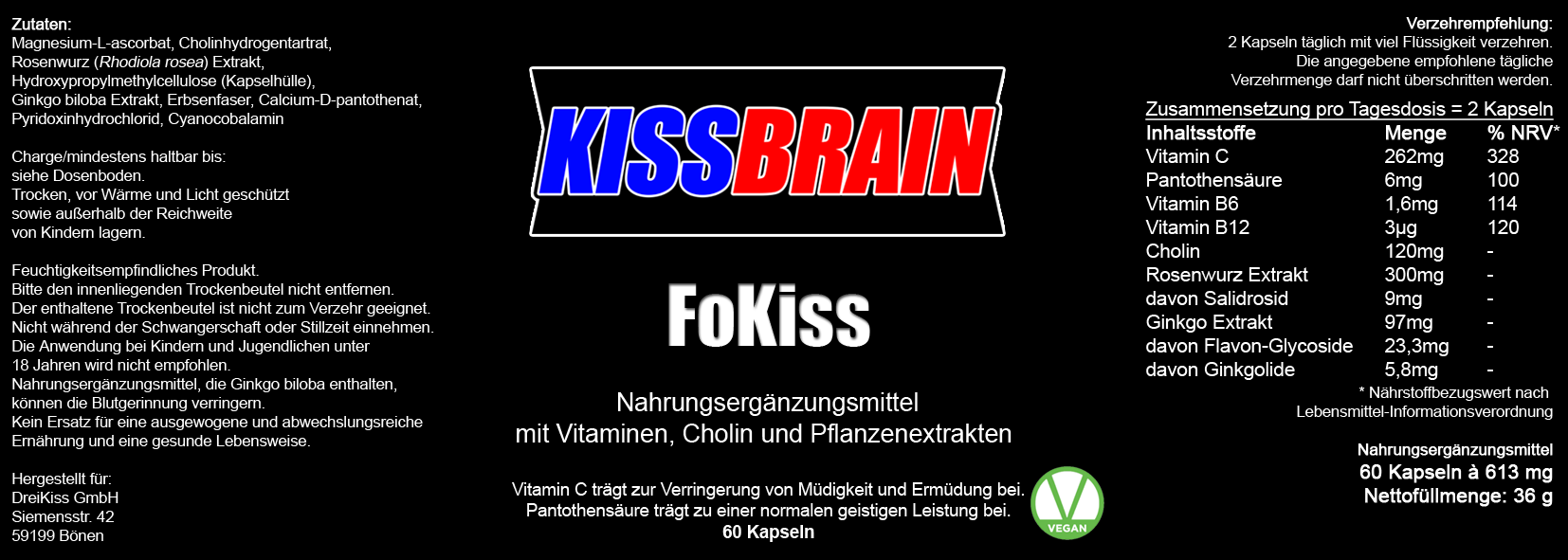 Kissbrain FoKiss Etikett Besserer Fokus Rosenwurz Ginkgo Cholin